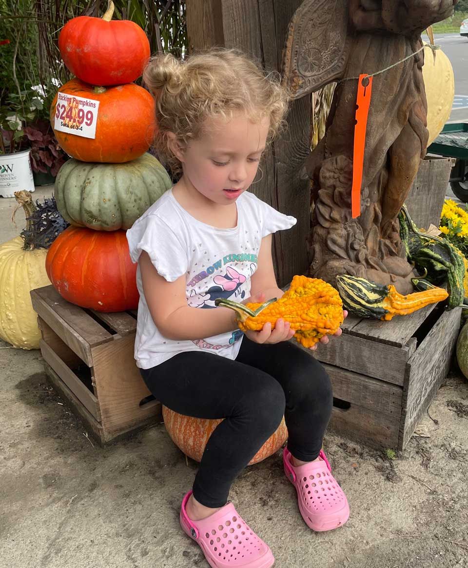 little girl holding a fall gourd